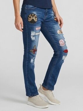 Simon Chang Limited Edition Distressed Patchwork Skinny Jeans Size 8